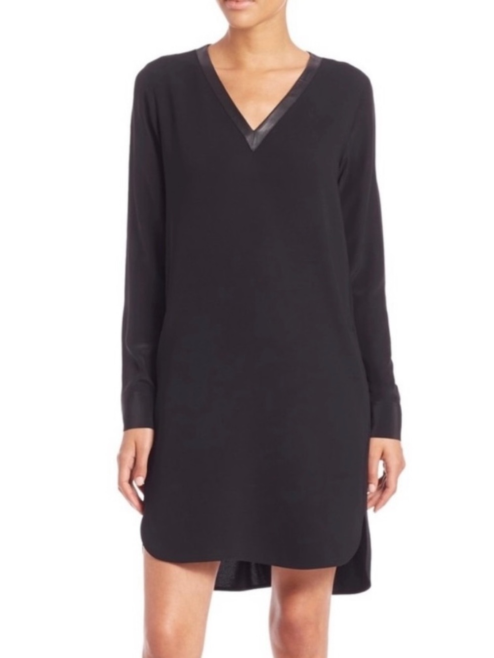Vince Women’s 10 Black Crepe Faux Leather Trim Tunic Shirt Dress